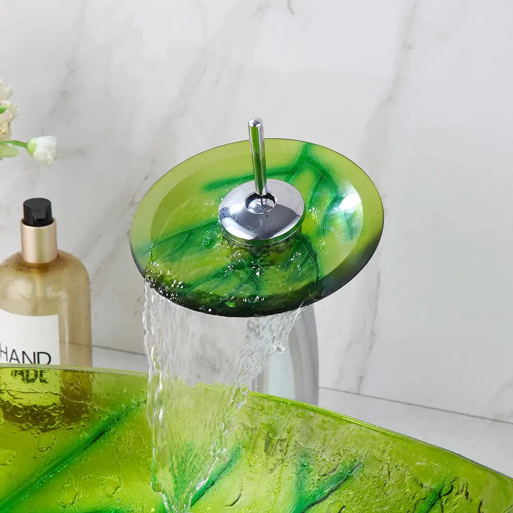 Leaf-Shaped Hand-Painted Glass Vessel Sink with Faucet | Nature-Inspired Countertop Bathroom Sink comfydesigners