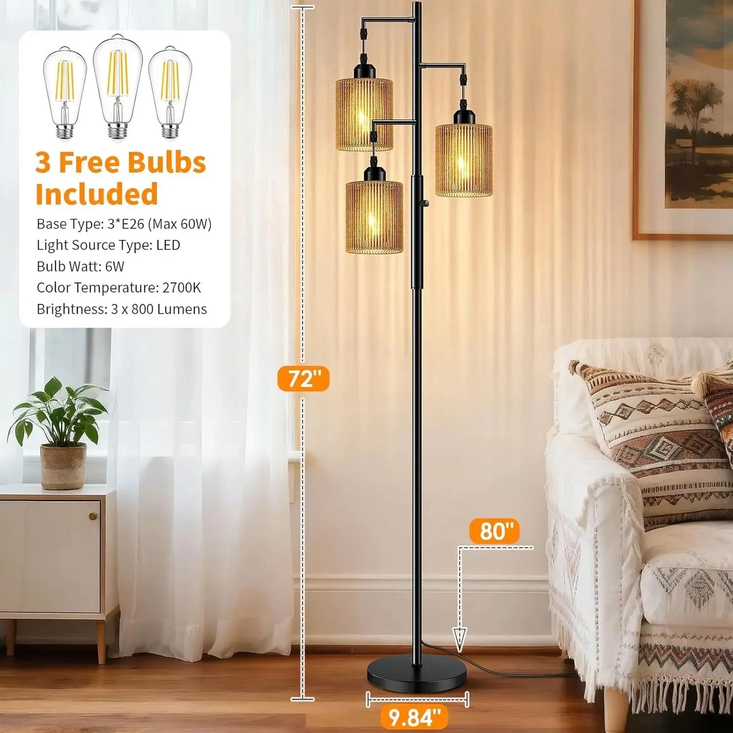 72" Rattan Boho LED Dimmable Floor Lamp comfydesigners
