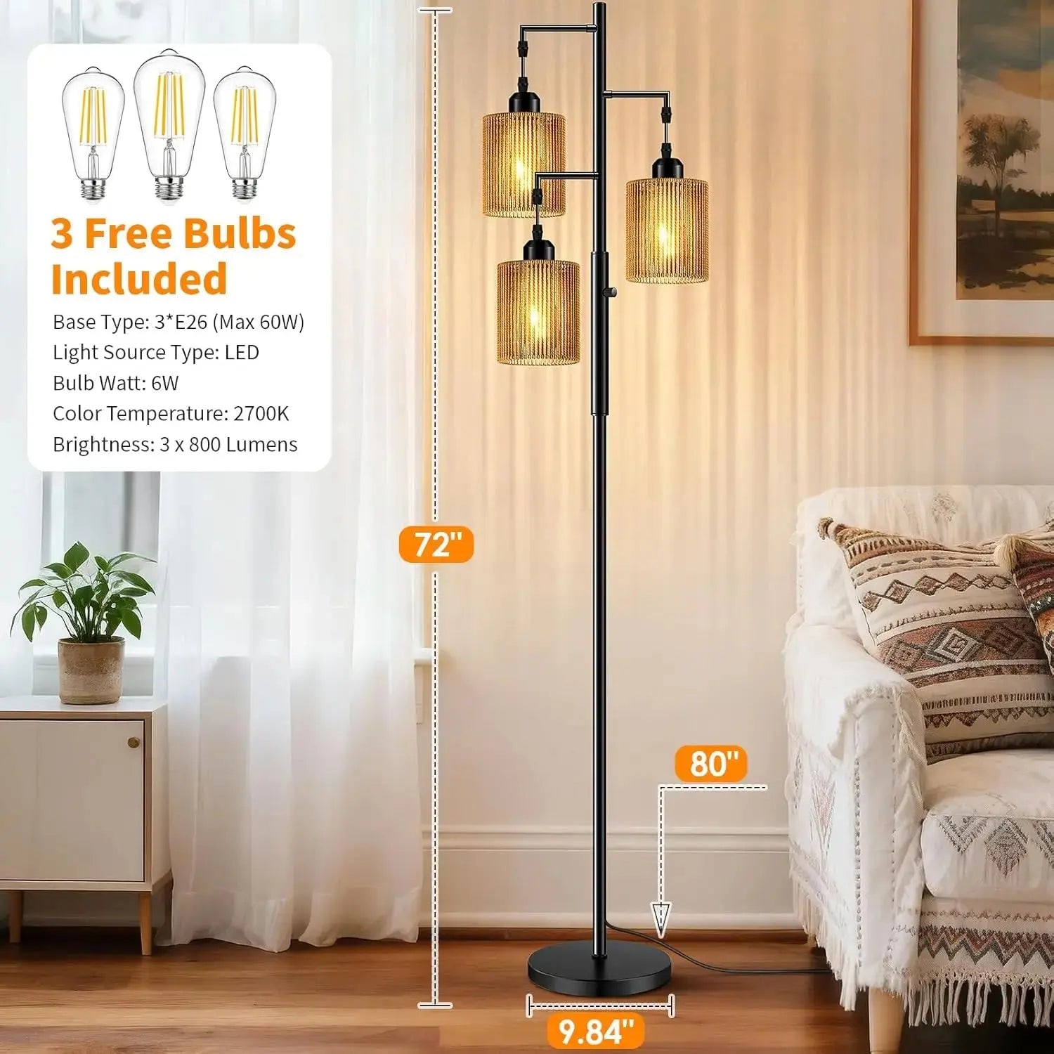 72" Rattan Boho LED Dimmable Floor Lamp comfydesigners