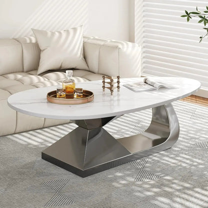 Oval Living Room Table with Faux Marble Top & Silver Stainless Steel Pedestal comfydesigners