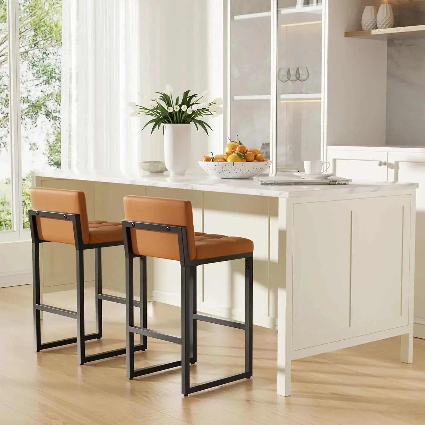 Modern Faux Leather Counter Height Bar Stools with Low Back and Footrest, Set of 2 comfydesigners