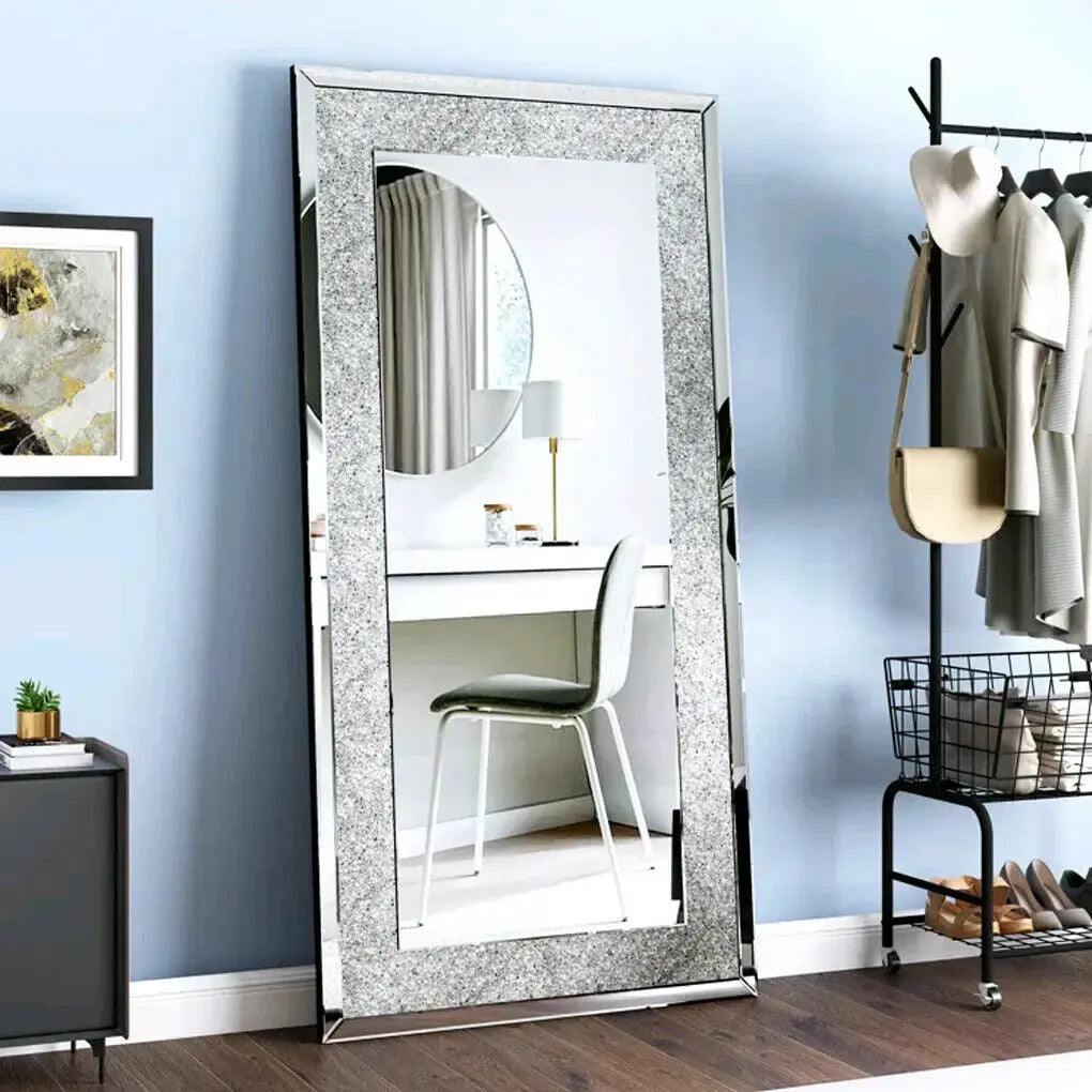 Large Frameless Crystal Wall Mirror | 48x24" Silver Sparkle, Wall-Mounted & Floor Dressing Mirror comfydesigners