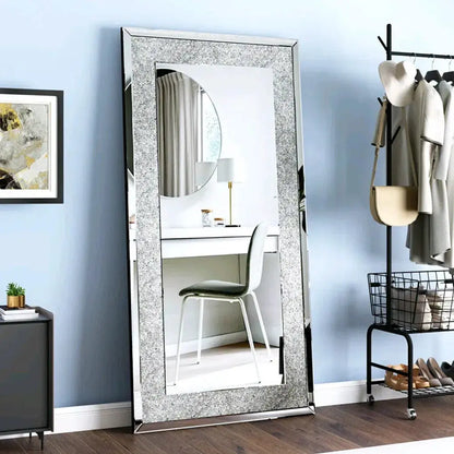 Large Frameless Crystal Wall Mirror | 48x24" Silver Sparkle, Wall-Mounted & Floor Dressing Mirror comfydesigners