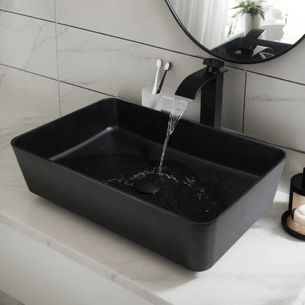 Stone Resin Vessel Sink with Waterfall Faucet | 22.6" European-Inspired Countertop Bathroom Sink comfydesigners