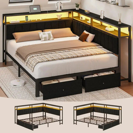 The Bed That Thought of Everything — Queen Corner Frame with Storage Drawers, LED & Charging Station comfydesigners