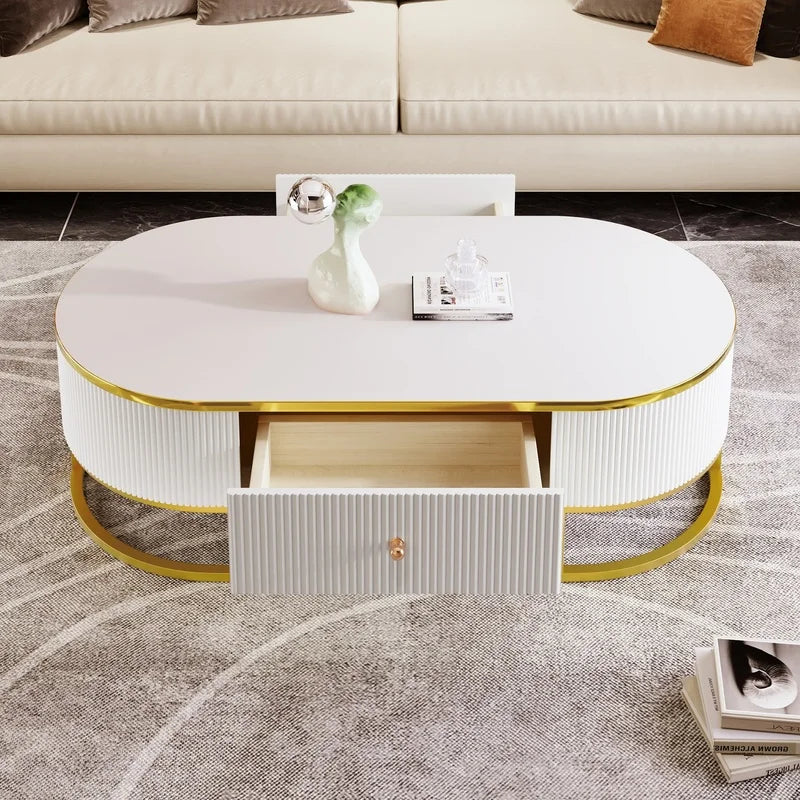 Oval Coffee Table — Gold Accents & Drawers