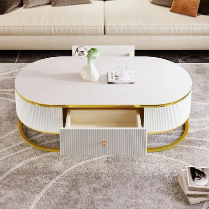 Oval Coffee Table — Gold Accents & Drawers