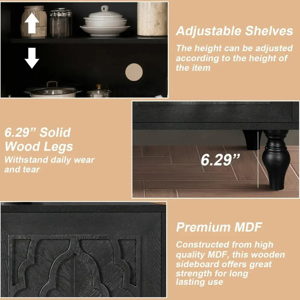Sideboard Buffet Credenzas for Living Room, 63 Antique Black Entryway Table with Storage Accent Cabinet, Carved Flowers Doors & comfydesigners