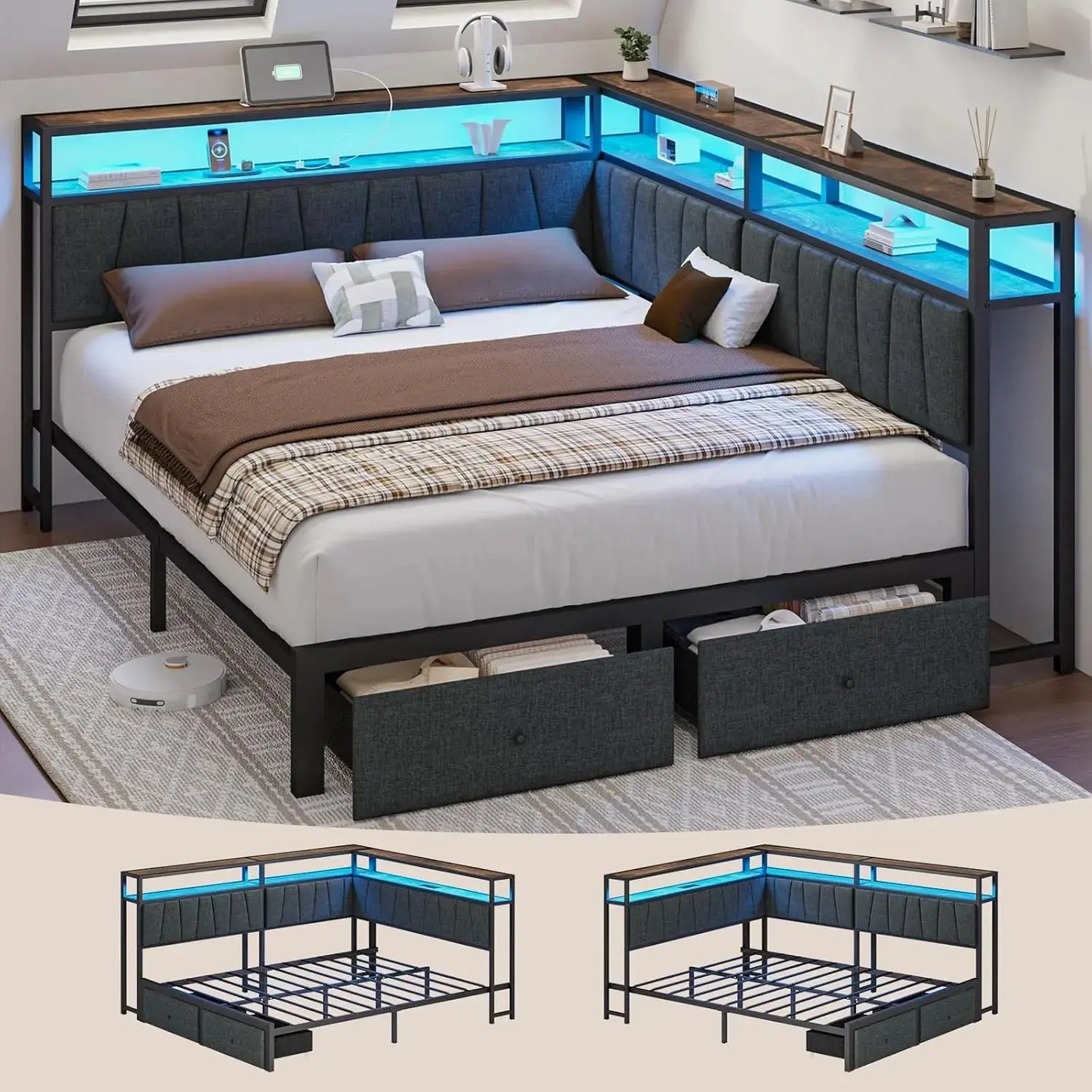 The Bed That Thought of Everything — Queen Corner Frame with Storage Drawers, LED & Charging Station comfydesigners