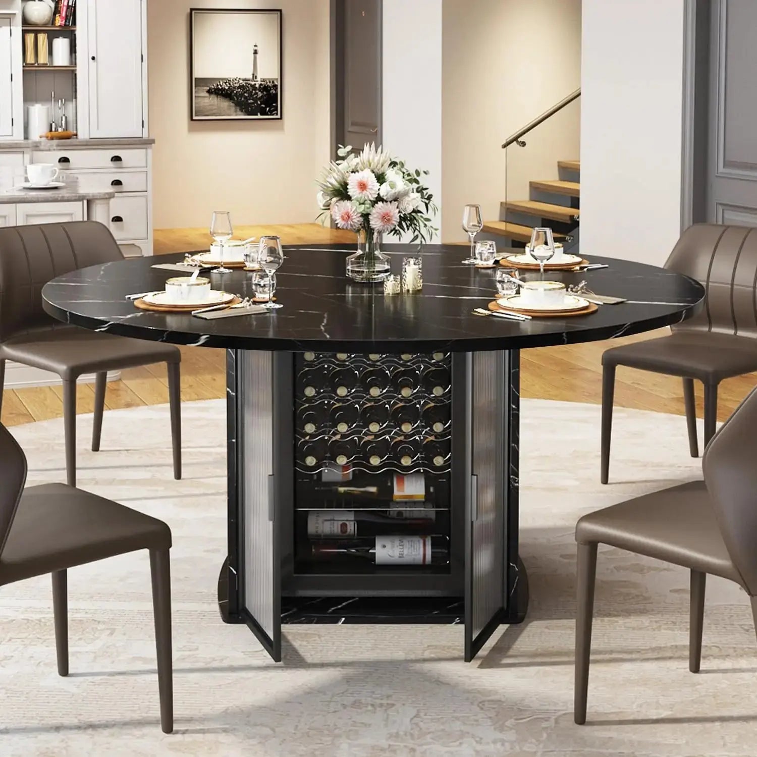 Round Black Faux Marble Dining Table with Storage comfydesigners