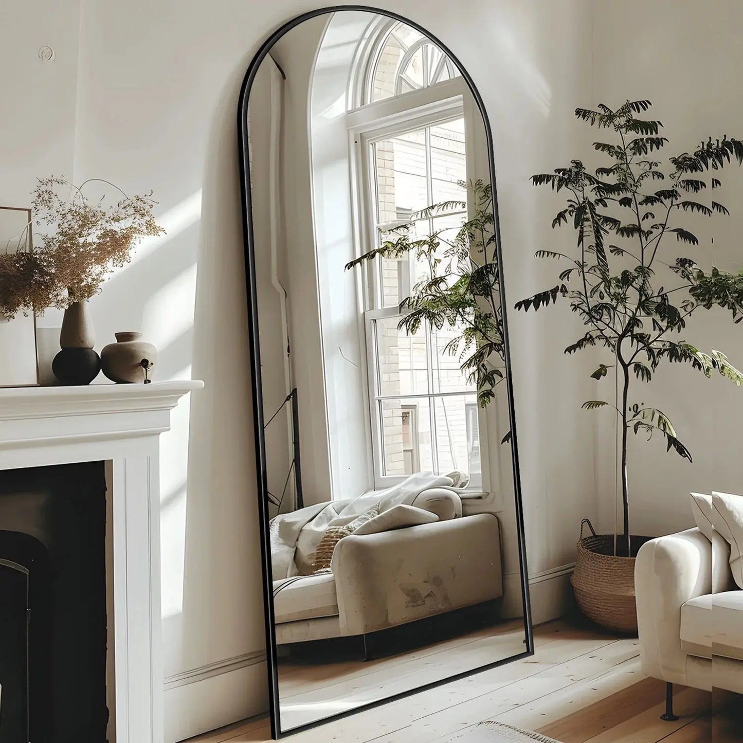 58" Arched Full Length Floor Mirror | HD Glass, Aluminum Alloy Frame — Gold & Black comfydesigners