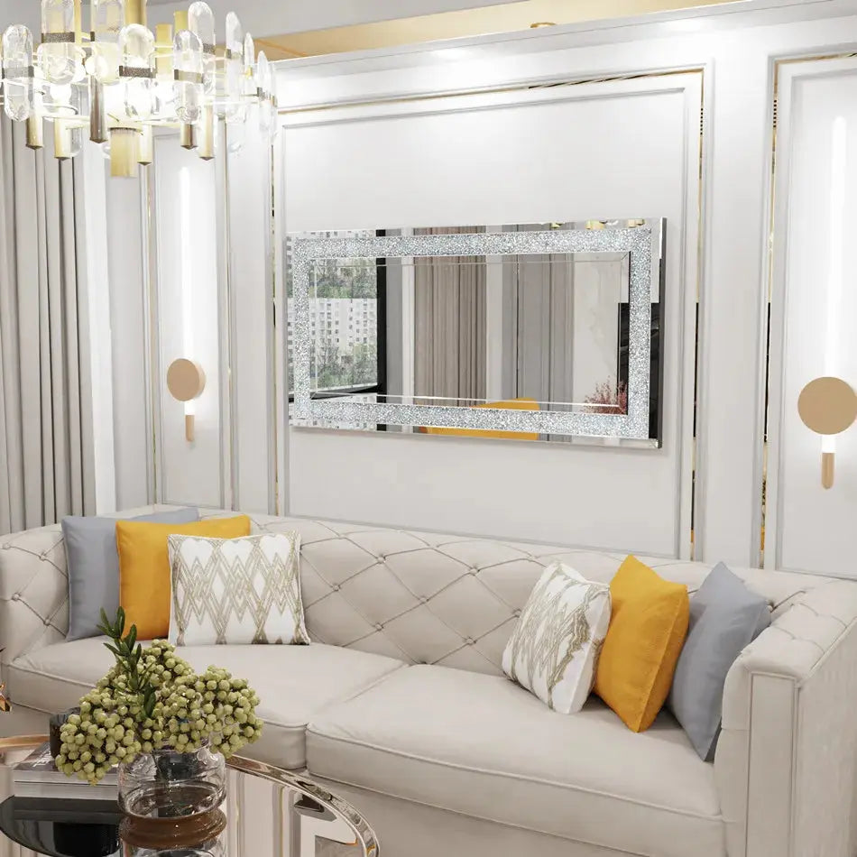 Large Frameless Crystal Wall Mirror | 48x24" Silver Sparkle, Wall-Mounted & Floor Dressing Mirror comfydesigners