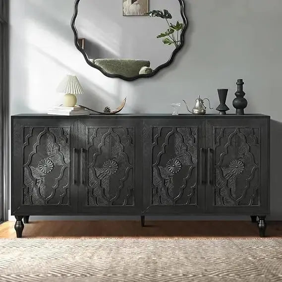 Sideboard Buffet Credenzas for Living Room, 63 Antique Black Entryway Table with Storage Accent Cabinet, Carved Flowers Doors & comfydesigners