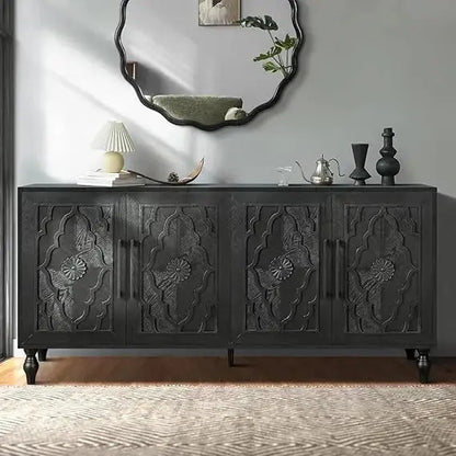 Sideboard Buffet Credenzas for Living Room, 63 Antique Black Entryway Table with Storage Accent Cabinet, Carved Flowers Doors & comfydesigners