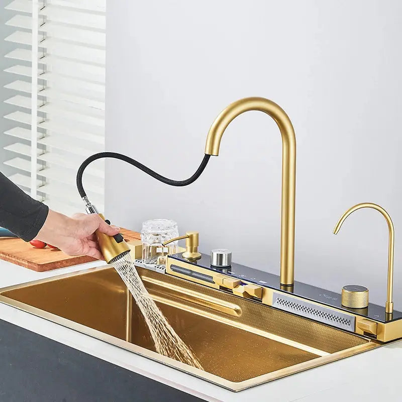Waterfall Kitchen Sink Set with Built-In Water Purifier | Stainless Steel, Digital Display & Slide Rail — 3 Finishes comfydesigners