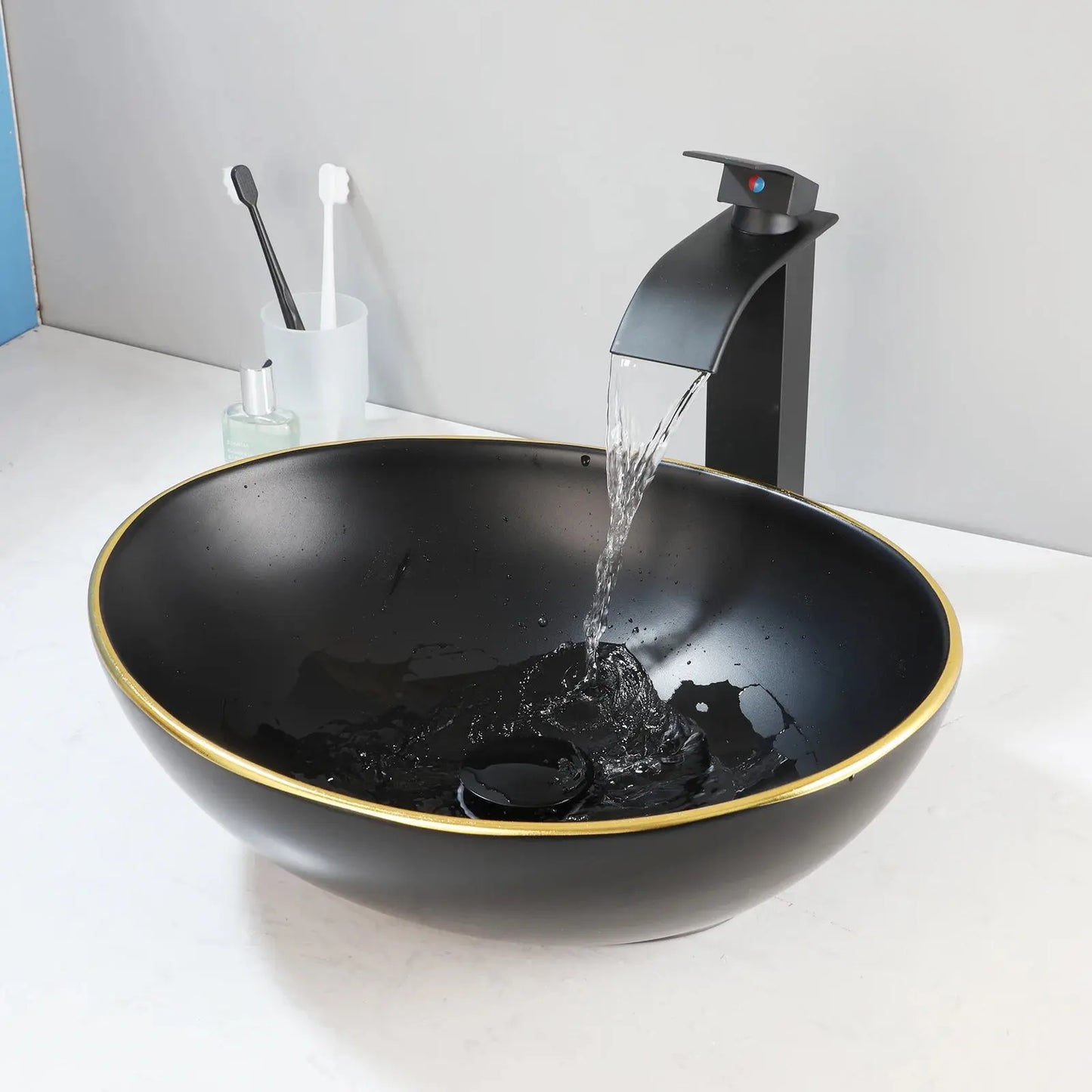 Hand-Painted Marble Ceramic Vessel Sink with Antique Brass Waterfall Faucet | Oval Countertop Bathroom Sink comfydesigners