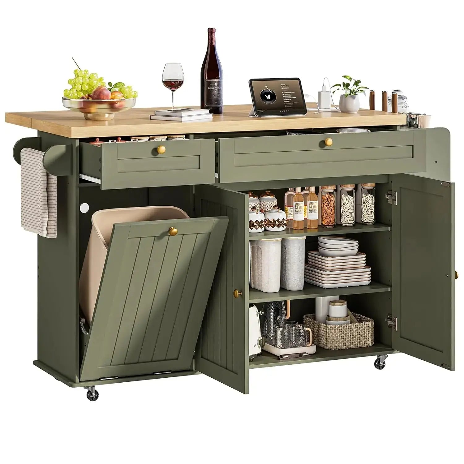 Rolling Versatile Kitchen Island with Power Outlet & Drop Leaf comfydesigners