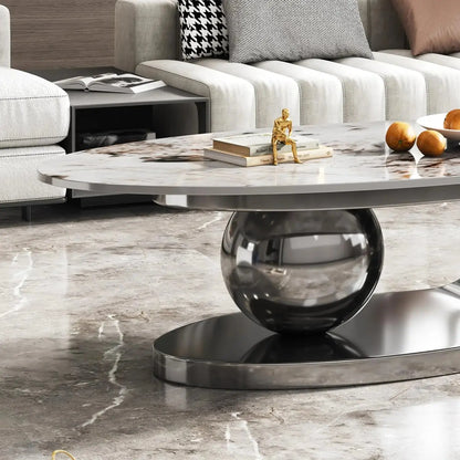 Oval Living Room Table with Faux Marble Top & Silver Stainless Steel Pedestal comfydesigners