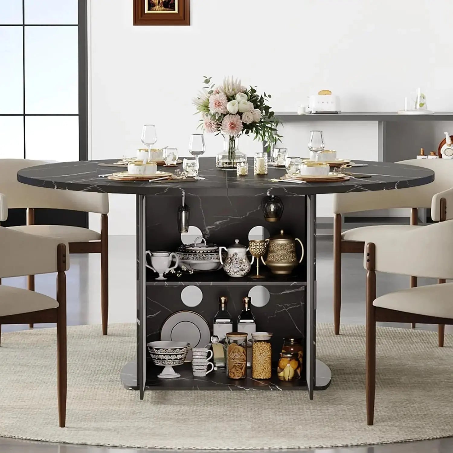 Round Black Faux Marble Dining Table with Storage comfydesigners