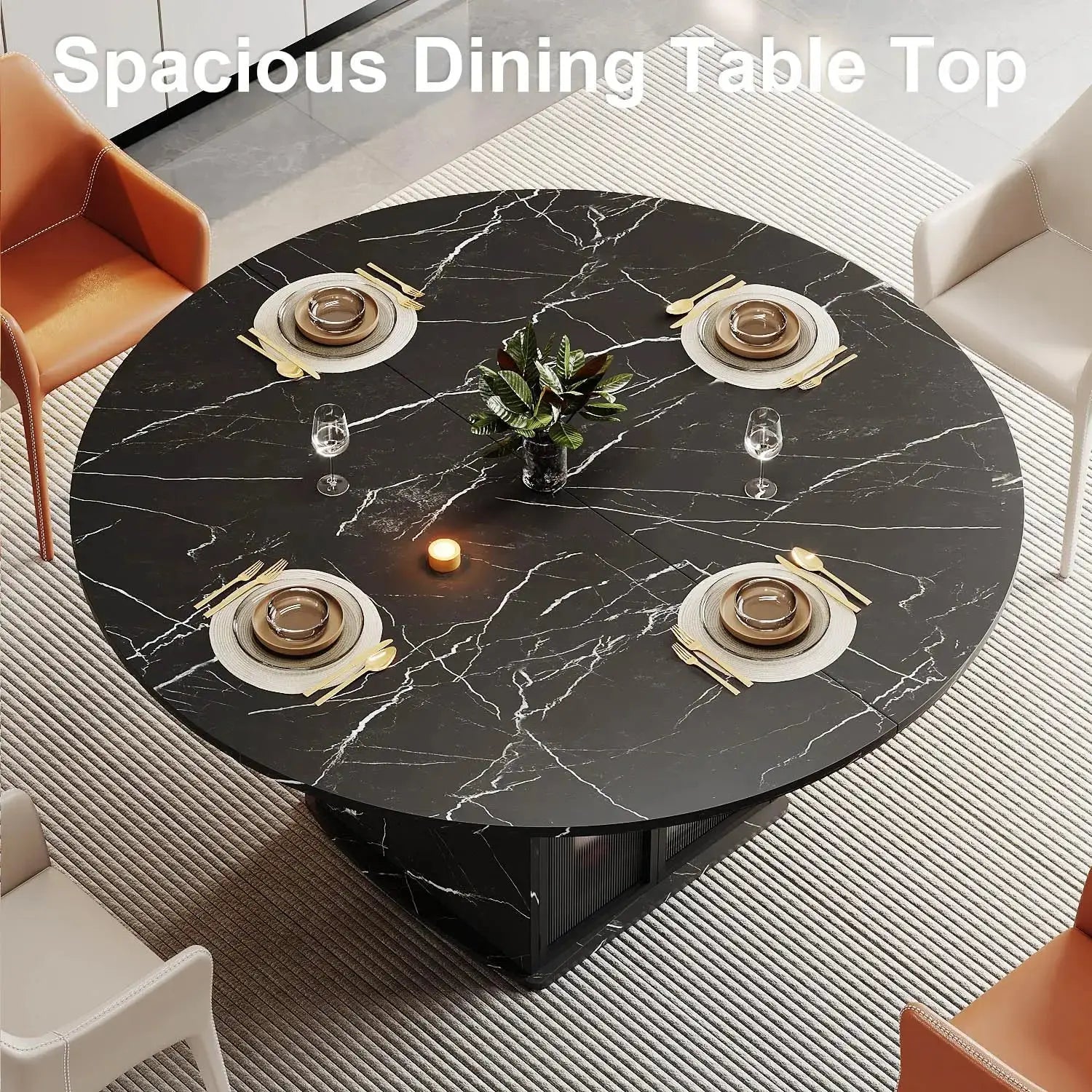 Round Black Faux Marble Dining Table with Storage comfydesigners