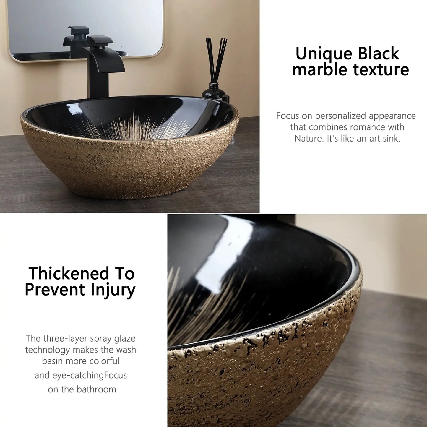 Hand-Painted Marble Ceramic Vessel Sink with Antique Brass Waterfall Faucet | Oval Countertop Bathroom Sink comfydesigners