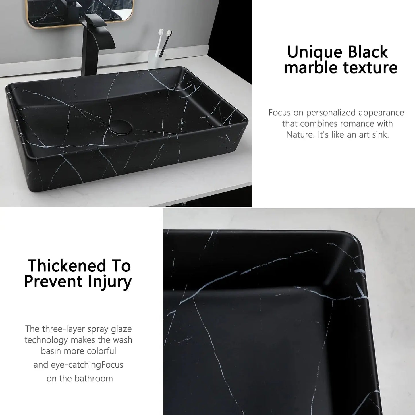 Rectangular Black Marble Ceramic Vessel Sink | Above-Counter Countertop Bathroom Vanity Sink comfydesigners