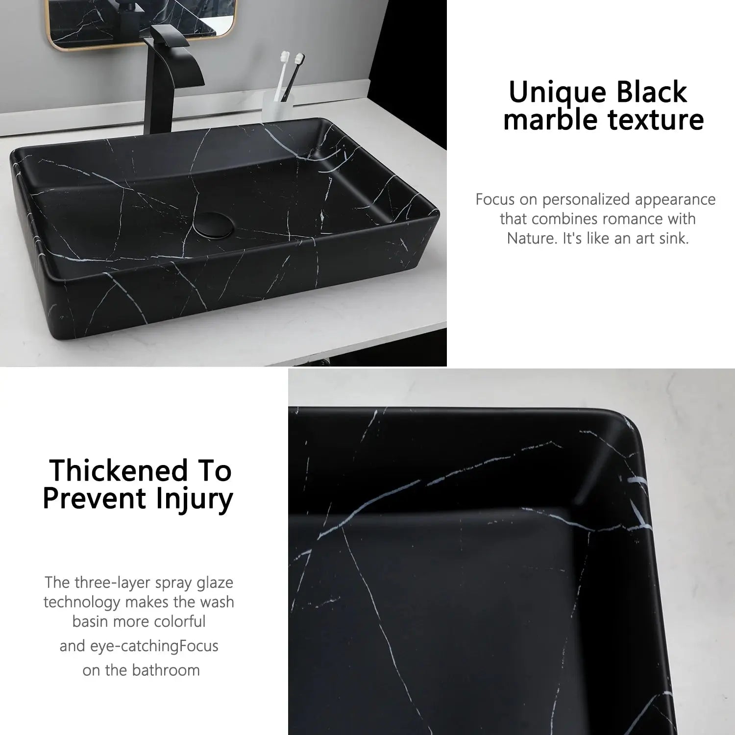 Rectangular Black Marble Ceramic Vessel Sink | Above-Counter Countertop Bathroom Vanity Sink comfydesigners