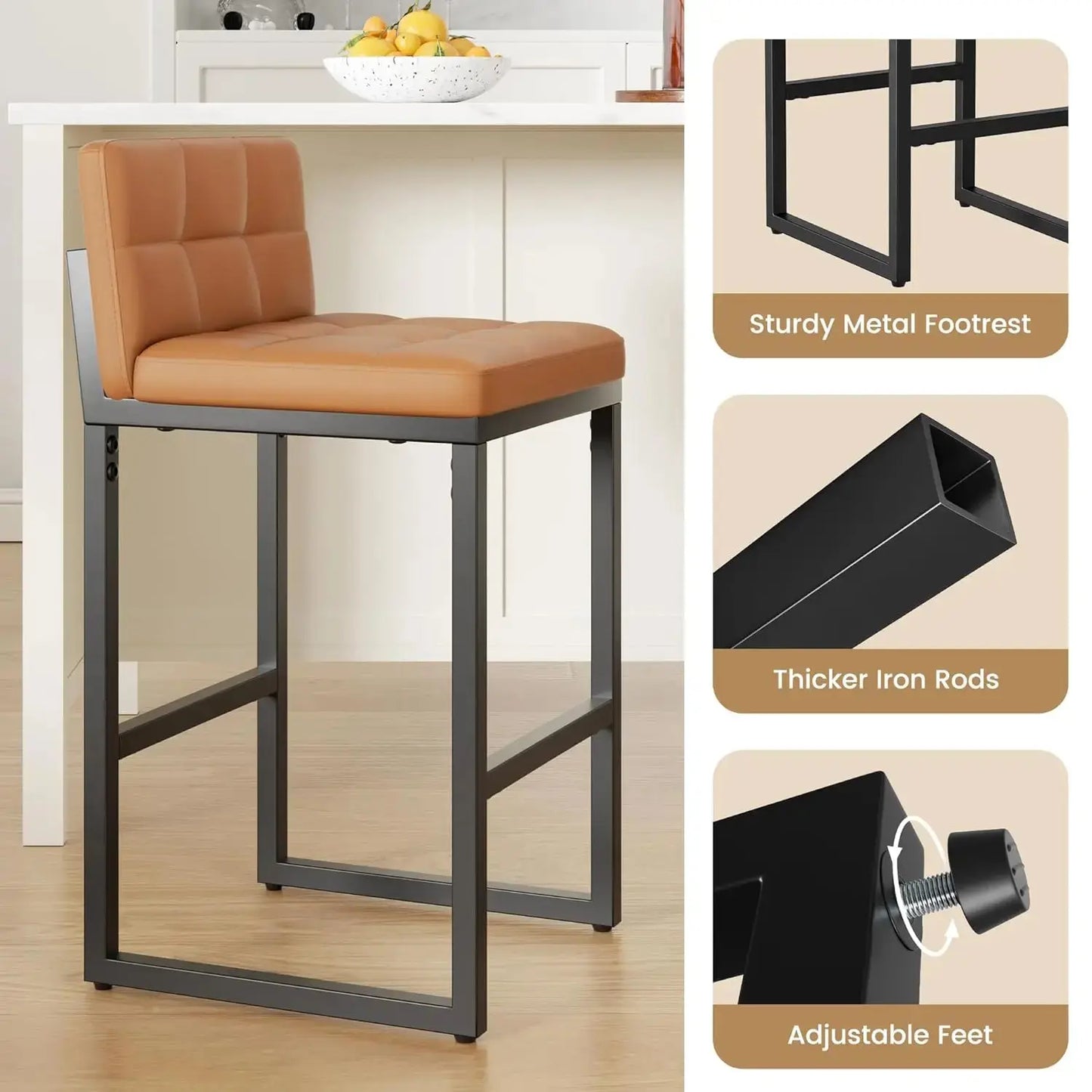 Modern Faux Leather Counter Height Bar Stools with Low Back and Footrest, Set of 2 comfydesigners
