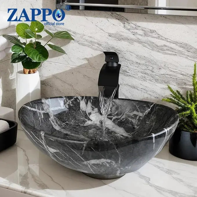 Hand-Painted Marble Ceramic Vessel Sink with Antique Brass Waterfall Faucet | Countertop Bathroom Sink comfydesigners