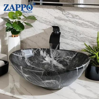 Hand-Painted Marble Ceramic Vessel Sink with Antique Brass Waterfall Faucet | Countertop Bathroom Sink comfydesigners