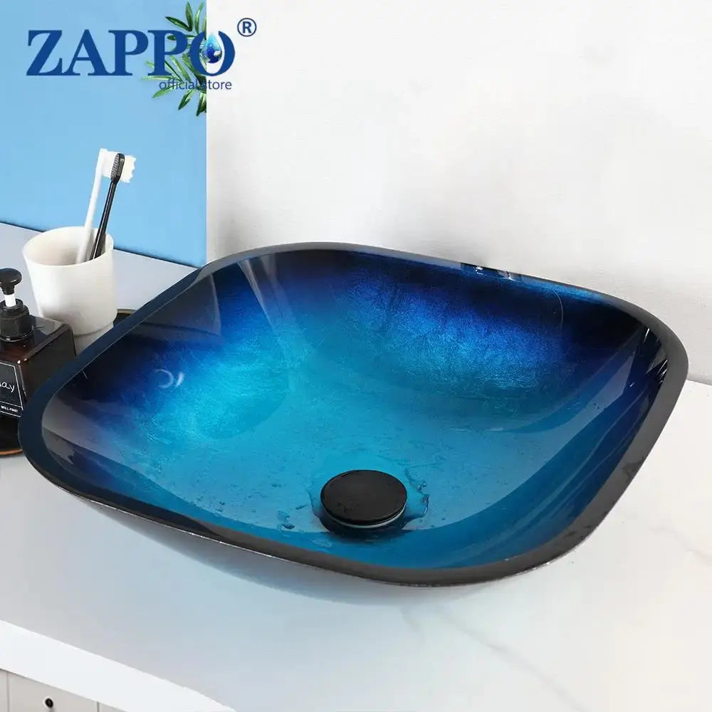 Hand-Painted Tempered Glass Vessel Sink with Waterfall Black Faucet | 22" Countertop Bathroom Sink comfydesigners