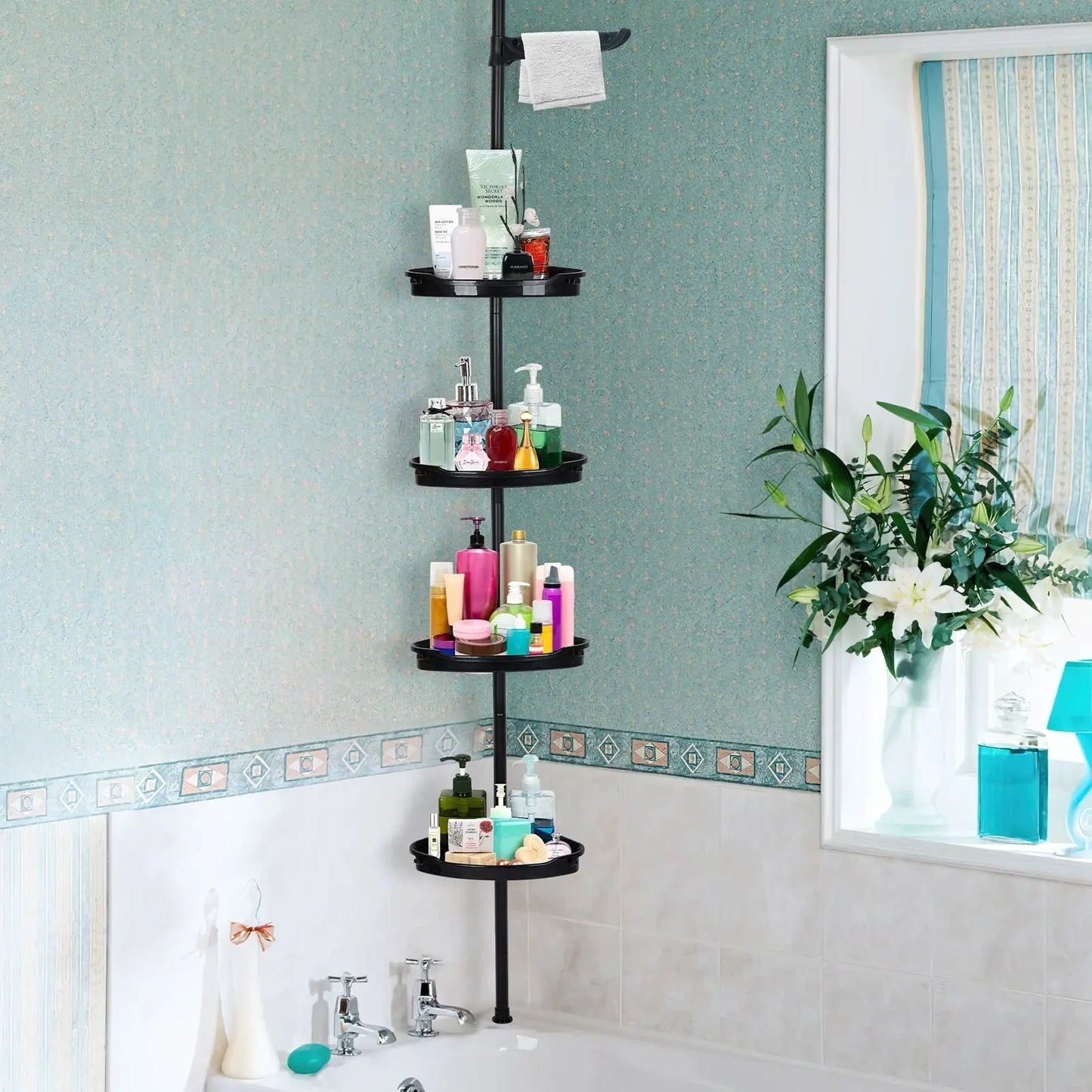 Your Shower. Finally Organized. — 4-Tier Tension Pole Corner Shower Caddy with Self-Draining Shelves comfydesigners