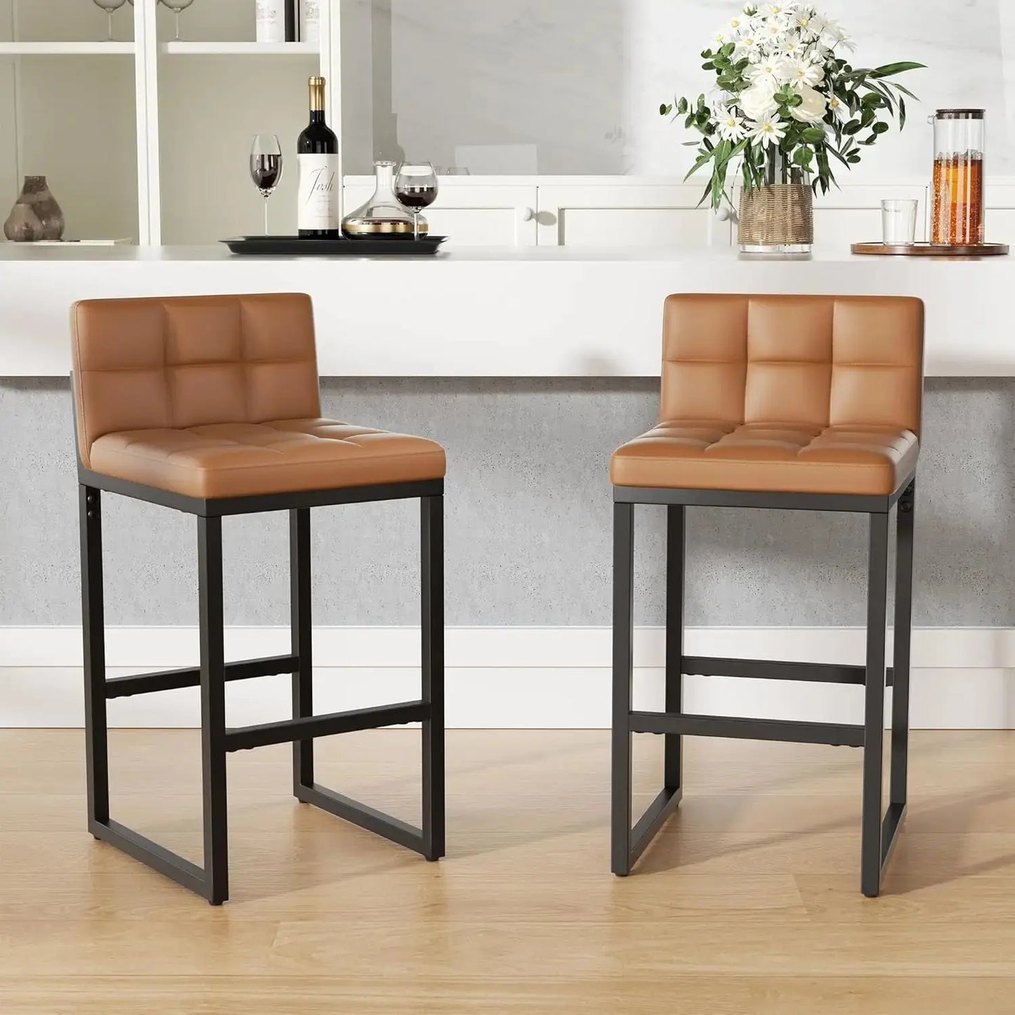 Modern Faux Leather Counter Height Bar Stools with Low Back and Footrest, Set of 2 comfydesigners