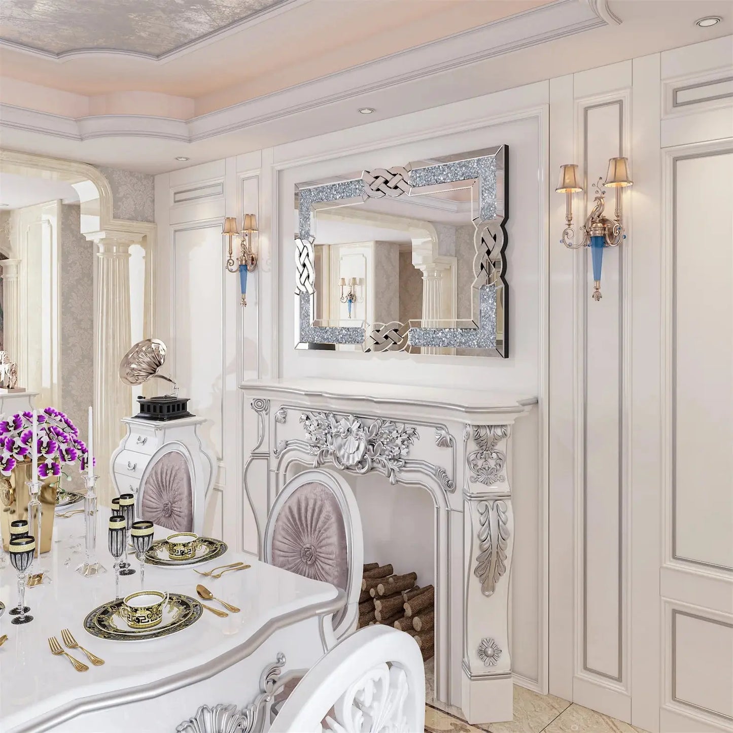 Glam Crystal Diamond Silver Wall Mirror comfydesigners
