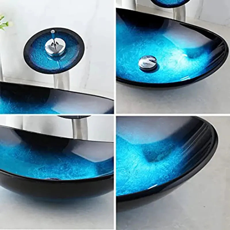 Hand-Painted Tempered Glass Vessel Sink with Waterfall Black Faucet | 22" Countertop Bathroom Sink comfydesigners