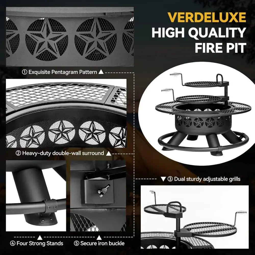 Grill. Dine. Gather. Repeat. — 47" Star-Pattern 3-in-1 Iron Fire Pit Table with 2 Cooking Grates comfydesigners