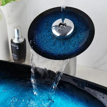 Hand-Painted Tempered Glass Vessel Sink with Waterfall Black Faucet | 22" Countertop Bathroom Sink comfydesigners