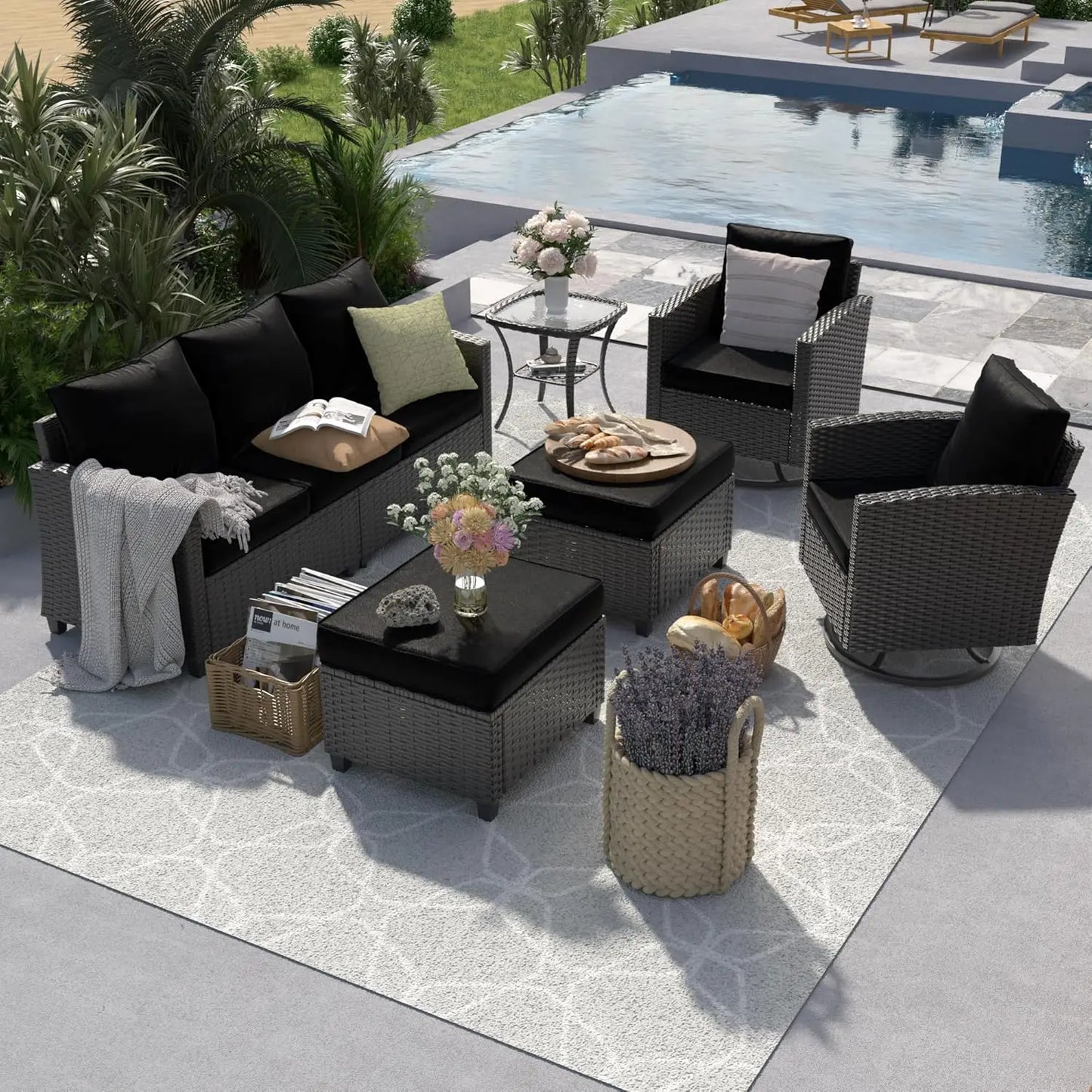 6-Piece Rattan Patio Sofa Set with Swivel Chairs