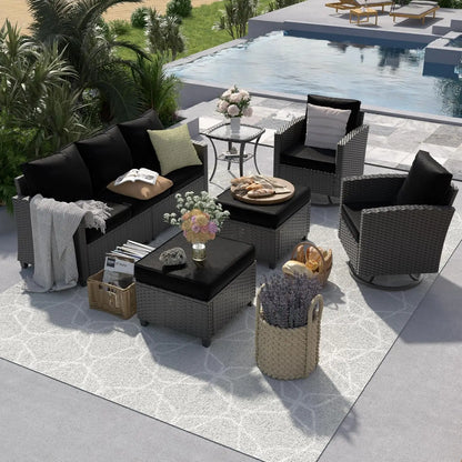 6-Piece Rattan Patio Sofa Set with Swivel Chairs