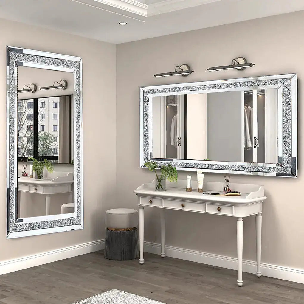 Large Frameless Crystal Wall Mirror | 48x24" Silver Sparkle, Wall-Mounted & Floor Dressing Mirror comfydesigners