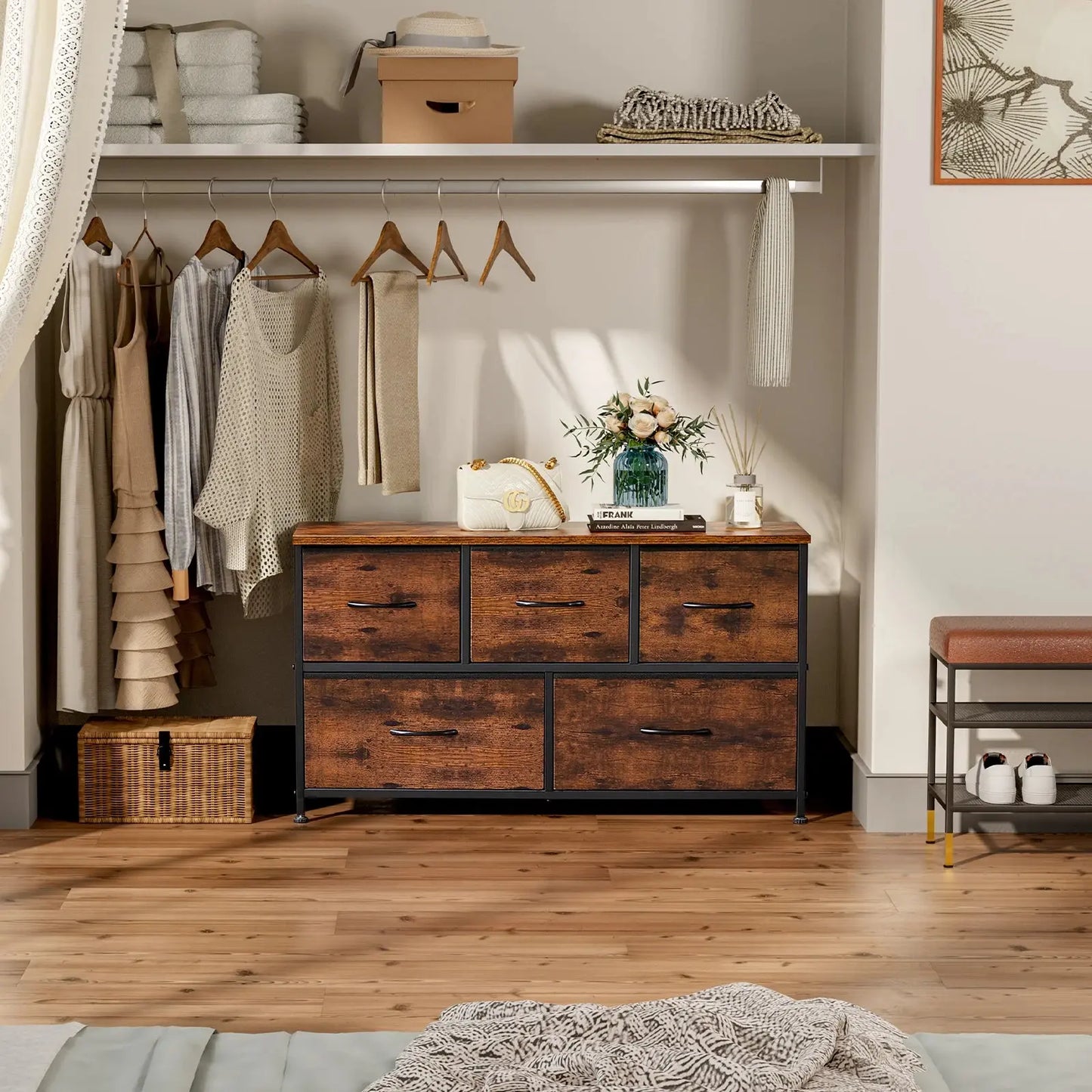 Refined Storage for the Modern Home — 5-Drawer Fabric Dresser with Steel Frame & Wooden Top comfydesigners