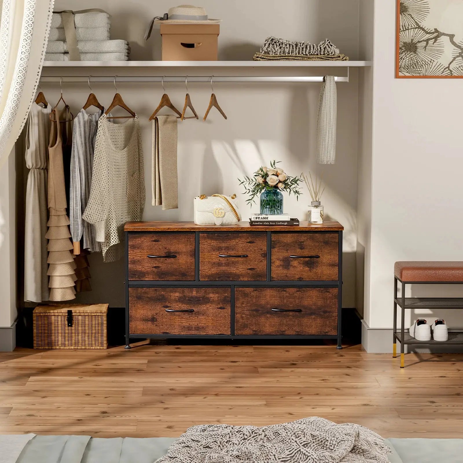 Refined Storage for the Modern Home — 5-Drawer Fabric Dresser with Steel Frame & Wooden Top comfydesigners