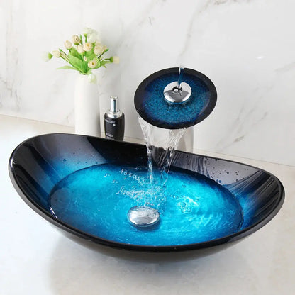 Hand-Painted Tempered Glass Vessel Sink with Waterfall Black Faucet | 22" Countertop Bathroom Sink comfydesigners