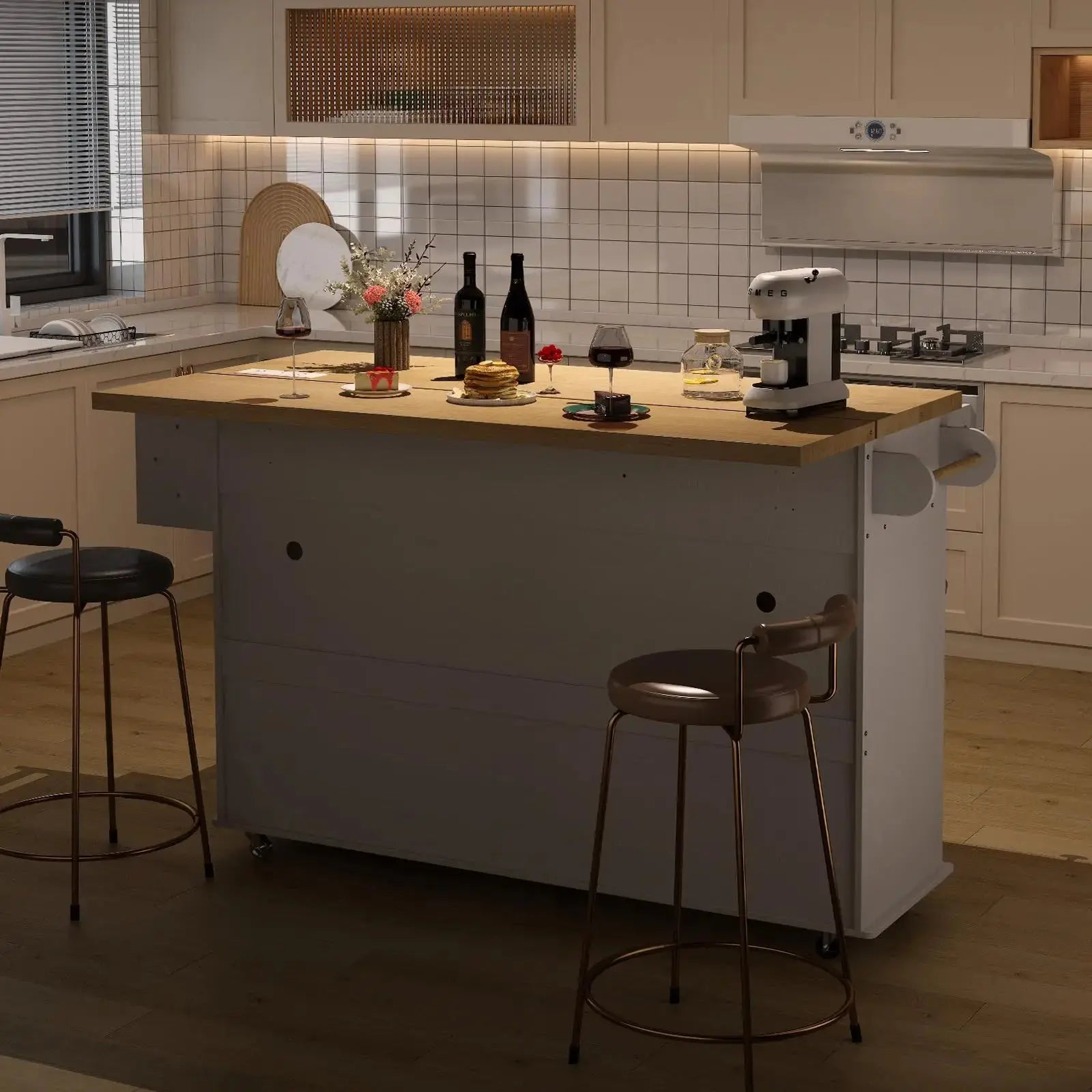 Where Preparation Meets Perfection — Rolling Drop-Leaf Kitchen Island with Power Outlet & Complete Storage comfydesigners