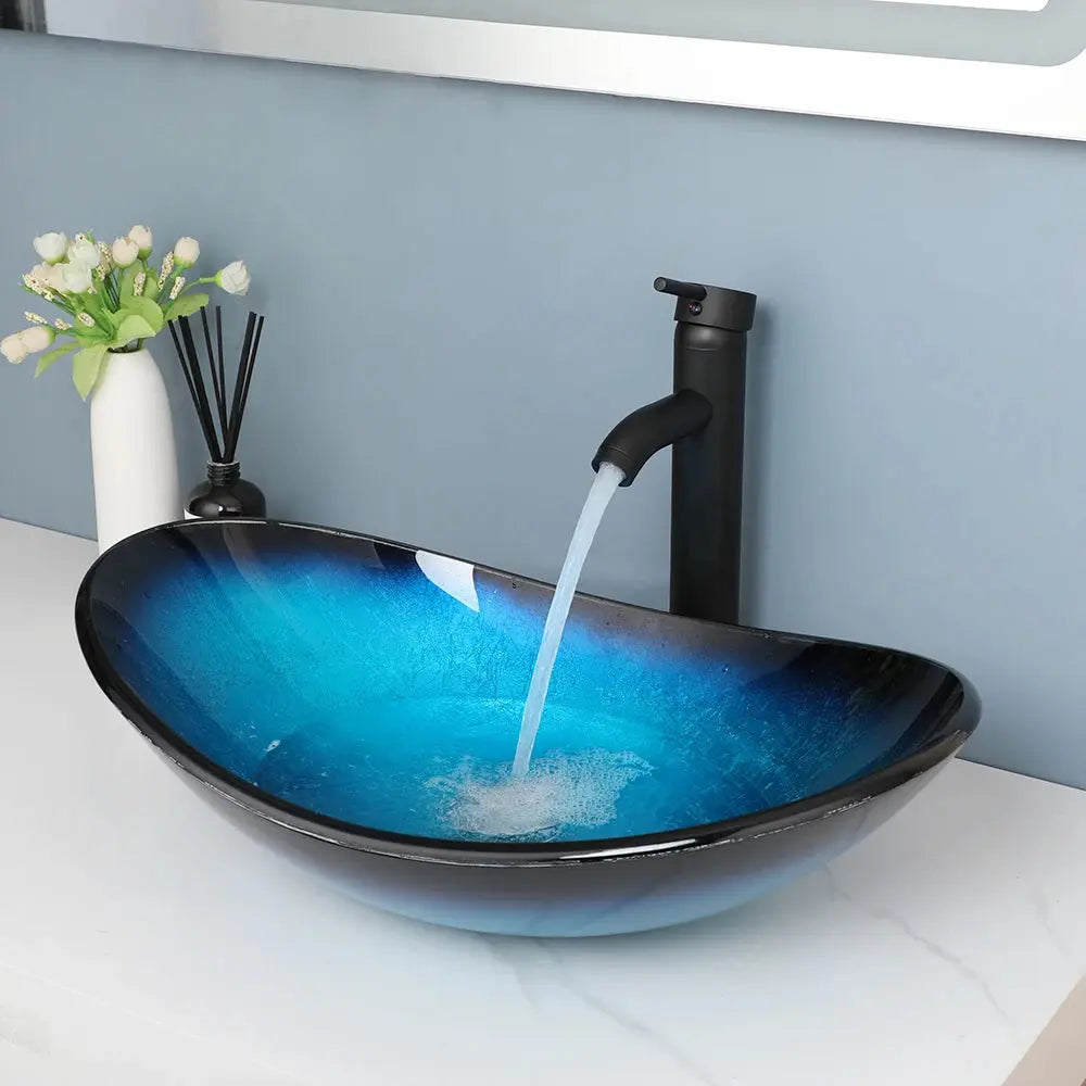 Hand-Painted Glass Vessel Sink with Waterfall Faucet | Oversized Oval Countertop Bathroom Sink comfydesigners