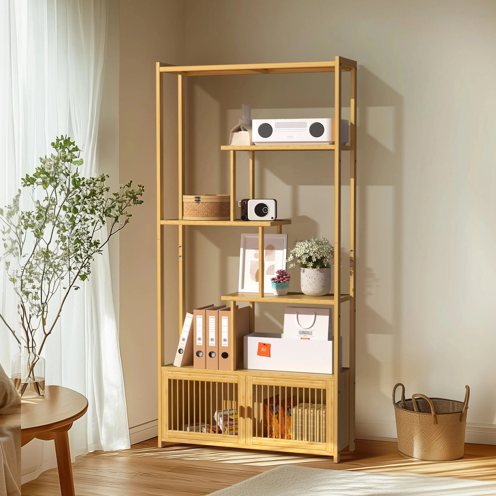 Bamboo Shelving Unit with High and Low Shelves comfydesigners