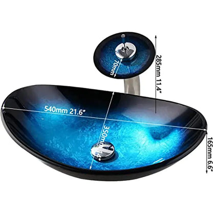 Hand-Painted Tempered Glass Vessel Sink with Waterfall Black Faucet | 22" Countertop Bathroom Sink comfydesigners