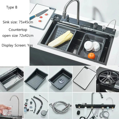 Waterfall Kitchen Sink Set with Built-In Water Purifier | Stainless Steel, Digital Display & Slide Rail — 3 Finishes comfydesigners