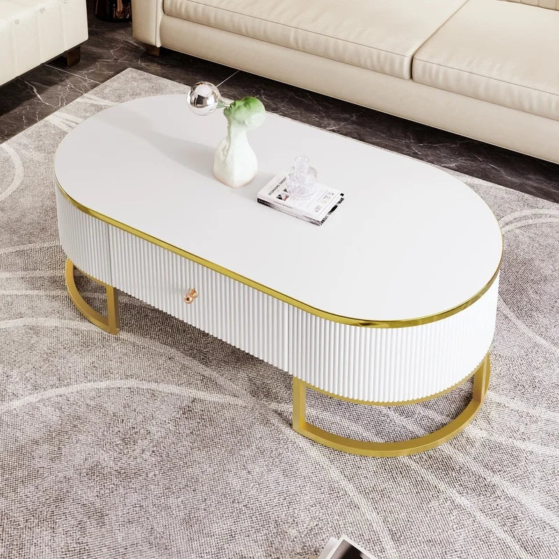 Oval Coffee Table — Gold Accents & Drawers