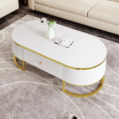 Oval Coffee Table — Gold Accents & Drawers